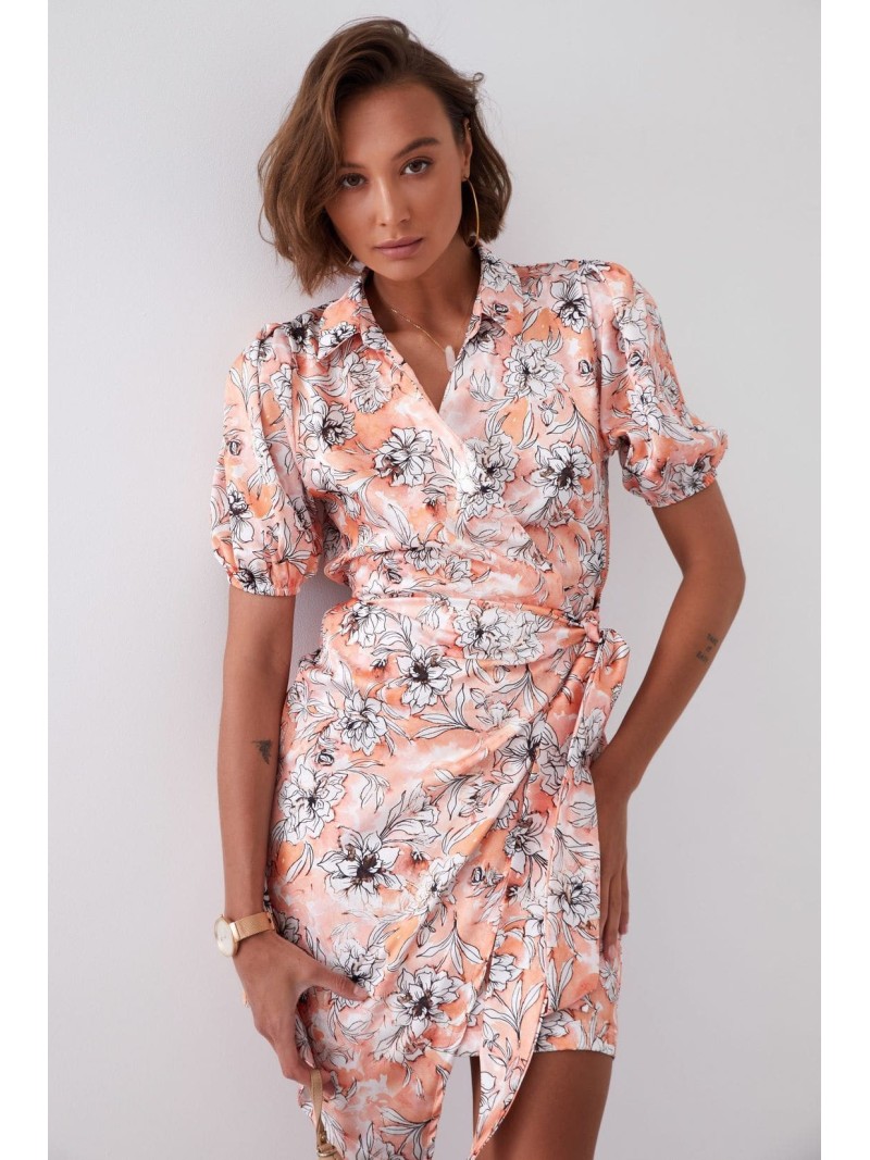 Floral print wrap dress with collar, light orange FG638 - Online store - Boutique